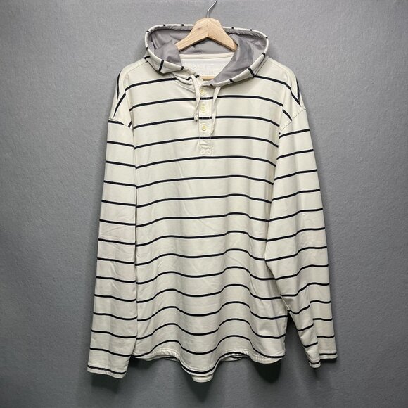 BYLT Mens Drop Cut L/S Hooded Henley Lux XXL Off-White Navy Striped - Picture 1 of 7